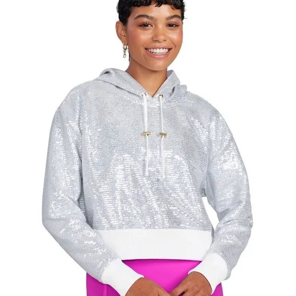 NWOT Peloton x Brittany Allen Silver Sequin Cropped Hoodie - Picture 1 of 5